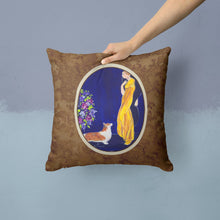 Load image into Gallery viewer, Lady with her Corgi Throw Pillow - 14x14 Decorative Pillow – Art for Your Home &amp; Patio
