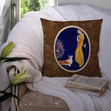 Load image into Gallery viewer, Lady with her Corgi Throw Pillow - 14x14 Decorative Pillow – Art for Your Home &amp; Patio