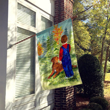 Load image into Gallery viewer, Little boy with his Chesapeake Bay Retriever Flag Canvas House Size