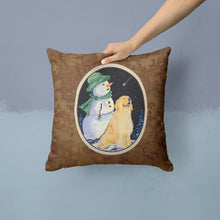 Load image into Gallery viewer, Golden Retriever with Snowman in Green Hat Throw Pillow - 14x14 Decorative Pillow – Art for Your Home &amp; Patio