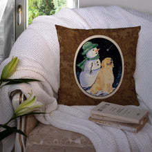 Load image into Gallery viewer, Golden Retriever with Snowman in Green Hat Throw Pillow - 14x14 Decorative Pillow – Art for Your Home &amp; Patio