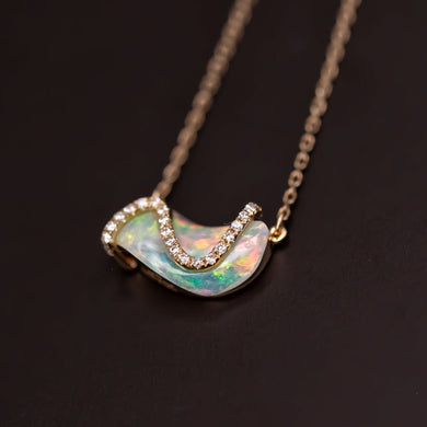 S Shaped Diamond Opal Fossil Shell Necklace 18K Yellow Gold