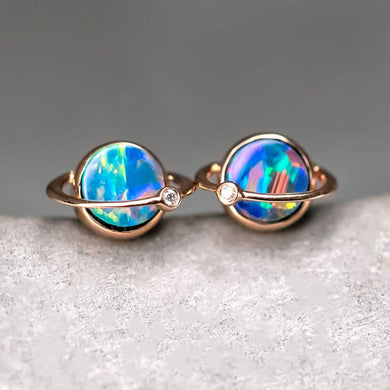 Saturn Design Doublet Opal Stud Earrings 18K Rose Gold