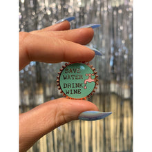 Load image into Gallery viewer, Save Water Drink Wine Pink and Green Enamel Pin on Gift Card