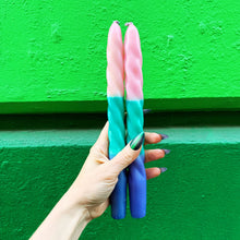 Load image into Gallery viewer, Set of 2 Pastel Taper Candle in Pink Green Blue | Aesthetic Tri-Colored Unscented Dinner Candlesticks | Gift for Her