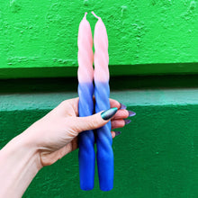 Load image into Gallery viewer, Set of 2 Taper Candle in Pink - Light Blue - Blue | Aesthetic Spiral Unscented Table Candlesticks | Gift for Her