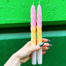 Load image into Gallery viewer, Set of 2 Taper Candle in Pink Yellow White | Spiral Unscented Aesthetic Dinner Candlesticks | Gift for Her