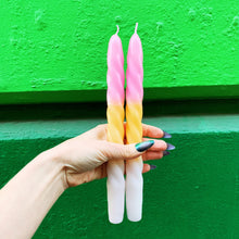 Load image into Gallery viewer, Set of 2 Taper Candle in Pink Yellow White | Spiral Unscented Aesthetic Dinner Candlesticks | Gift for Her