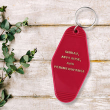 Load image into Gallery viewer, Shiraz Applause and Perimenopause Motel Keychain in Hot Flash Red | Generation X Elder Millennial Humor