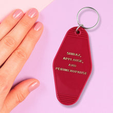Load image into Gallery viewer, Shiraz Applause and Perimenopause Motel Keychain in Hot Flash Red | Generation X Elder Millennial Humor