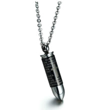 Load image into Gallery viewer, Black Bullet Cremation Urn Necklace Engraved With A Cross &amp; The Lord's Prayer