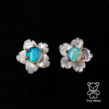 Load image into Gallery viewer, Small Flower Australian Solid Opal &amp; Mother of Pearl Stud Earrings 14K Yellow Gold