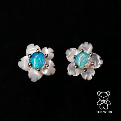 Small Flower Australian Solid Opal & Mother of Pearl Stud Earrings 14K Yellow Gold