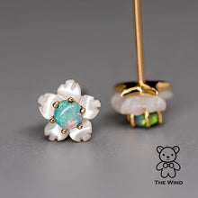 Load image into Gallery viewer, Small Flower Australian Solid Opal &amp; Mother of Pearl Stud Earrings 14K Yellow Gold