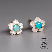 Load image into Gallery viewer, Small Flower Australian Solid Opal &amp; Mother of Pearl Stud Earrings 14K Yellow Gold