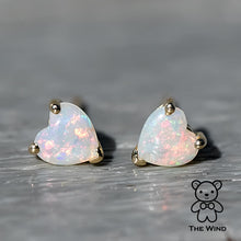 Load image into Gallery viewer, Small Heart Shaped Australian Solid Opal Stud Earrings 14K Yellow Gold