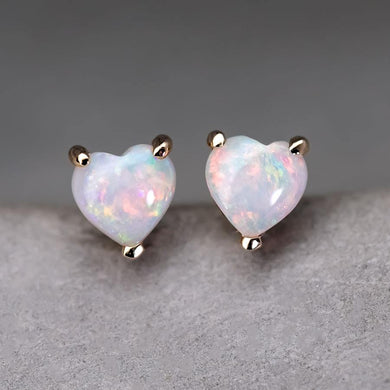Small Heart Shaped Australian Solid Opal Stud Earrings 14K Yellow Gold