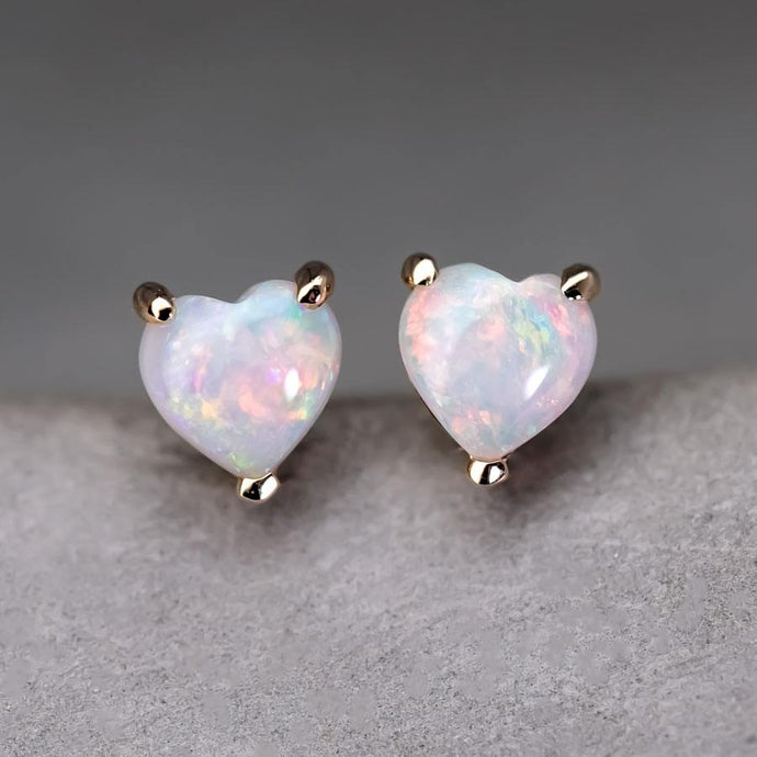 Small Heart Shaped Australian Solid Opal Stud Earrings 14K Yellow Gold