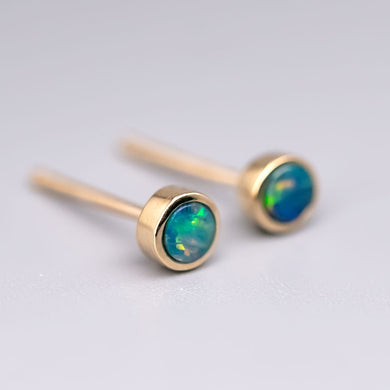 Small Round Australian Doublet Opal Stud Earrings 14k Yellow Gold