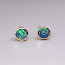 Load image into Gallery viewer, Small Round Australian Doublet Opal Stud Earrings 14k Yellow Gold