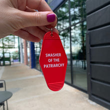Load image into Gallery viewer, Smasher of the Patriarchy Feminist Motel Keychain in Red