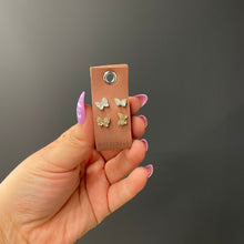 Load image into Gallery viewer, Social Butterfly Silver and Gold Rhinestone Stud Earrings Set | 2 Pairs on a Gift Tag