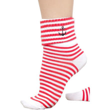 Load image into Gallery viewer, Sourpuss Anchor Socks Set of Two | Nautical Red Striped &amp; Black Ankle Socks Women’s Size 5-10