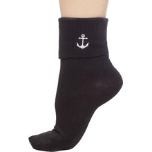 Load image into Gallery viewer, Sourpuss Anchor Socks Set of Two | Nautical Red Striped &amp; Black Ankle Socks Women’s Size 5-10