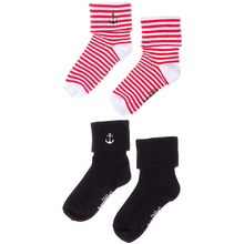 Load image into Gallery viewer, Sourpuss Anchor Socks Set of Two | Nautical Red Striped &amp; Black Ankle Socks Women’s Size 5-10