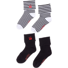 Load image into Gallery viewer, Sourpuss Cherries Socks in Set of Two | Women’s Black &amp; White Striped and Solid Black Cherry Socks Size 5-10