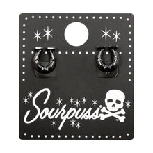 Load image into Gallery viewer, Sourpuss Earrings | Horseshoe Studs Black Gunmetal | Rockabilly Lucky Charm Jewelry