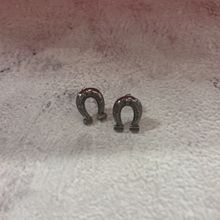 Load image into Gallery viewer, Sourpuss Earrings | Horseshoe Studs Black Gunmetal | Rockabilly Lucky Charm Jewelry