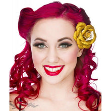 Load image into Gallery viewer, Sourpuss Gold Glitter Rose Hair Clip | Retro Rockabilly Sparkly Rose Alligator Clip