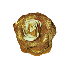 Load image into Gallery viewer, Sourpuss Gold Glitter Rose Hair Clip | Retro Rockabilly Sparkly Rose Alligator Clip