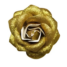 Load image into Gallery viewer, Sourpuss Gold Glitter Rose Hair Clip | Retro Rockabilly Sparkly Rose Alligator Clip