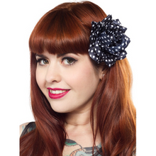 Load image into Gallery viewer, Sourpuss Navy Blue White Polka Dot Rose Hair Clip | Retro Pin-Up Rockabilly Hair Accessory