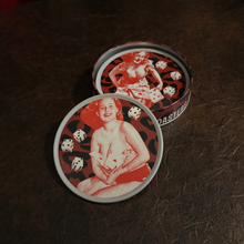 Load image into Gallery viewer, Sourpuss Nudie Coasters | Rockabilly Pin-Up Girls Set of Four | Metal &amp; Cork Retro Drinkware with Storage Tin