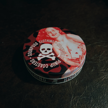 Load image into Gallery viewer, Sourpuss Nudie Coasters | Rockabilly Pin-Up Girls Set of Four | Metal &amp; Cork Retro Drinkware with Storage Tin