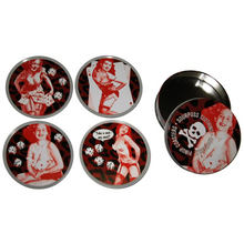 Load image into Gallery viewer, Sourpuss Nudie Coasters | Rockabilly Pin-Up Girls Set of Four | Metal &amp; Cork Retro Drinkware with Storage Tin