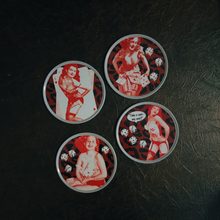Load image into Gallery viewer, Sourpuss Nudie Coasters | Rockabilly Pin-Up Girls Set of Four | Metal &amp; Cork Retro Drinkware with Storage Tin