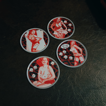 Load image into Gallery viewer, Sourpuss Nudie Coasters | Rockabilly Pin-Up Girls Set of Four | Metal &amp; Cork Retro Drinkware with Storage Tin