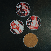 Load image into Gallery viewer, Sourpuss Nudie Coasters | Rockabilly Pin-Up Girls Set of Four | Metal &amp; Cork Retro Drinkware with Storage Tin