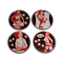Load image into Gallery viewer, Sourpuss Nudie Coasters | Rockabilly Pin-Up Girls Set of Four | Metal &amp; Cork Retro Drinkware with Storage Tin