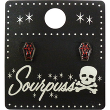 Load image into Gallery viewer, Sourpuss Red &amp; Black Coffin Earrings | Gothic Studs Alternative Jewelry | Spooky Fashion Accessories
