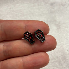 Load image into Gallery viewer, Sourpuss Red &amp; Black Coffin Earrings | Gothic Studs Alternative Jewelry | Spooky Fashion Accessories