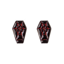 Load image into Gallery viewer, Sourpuss Red &amp; Black Coffin Earrings | Gothic Studs Alternative Jewelry | Spooky Fashion Accessories