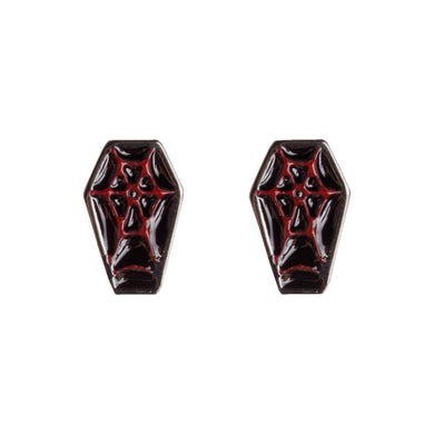 Sourpuss Red & Black Coffin Earrings | Gothic Studs Alternative Jewelry | Spooky Fashion Accessories