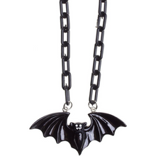 Load image into Gallery viewer, Sourpuss Smiling Vampire Bat Necklace | Chunky Chain Gothic Bat Pendant with Fang Grin