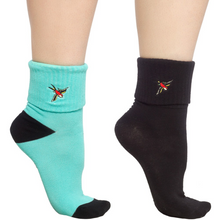 Load image into Gallery viewer, Sourpuss Sparrow Socks in Set of Two | Teal &amp; Black Cuffed Novelty Socks Women Size 5-10
