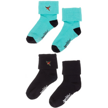 Load image into Gallery viewer, Sourpuss Sparrow Socks in Set of Two | Teal &amp; Black Cuffed Novelty Socks Women Size 5-10